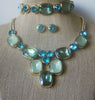 Vintage Jewelry Crown TRIFARI 3 Piece Set Blue Green Glass Crystal Rhinestones Gold Tone Necklace, Bracelet and Stud Earrings 121716