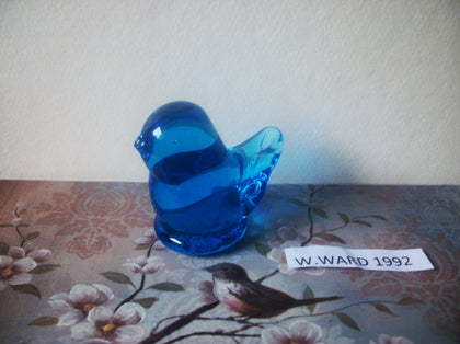 Vintage Small Blue Glass Marked W Ward 1992 Blue Bird Of Happiness, Bookcase Decor, Bedside Table, Collectible, Gift for Bird Lover C300
