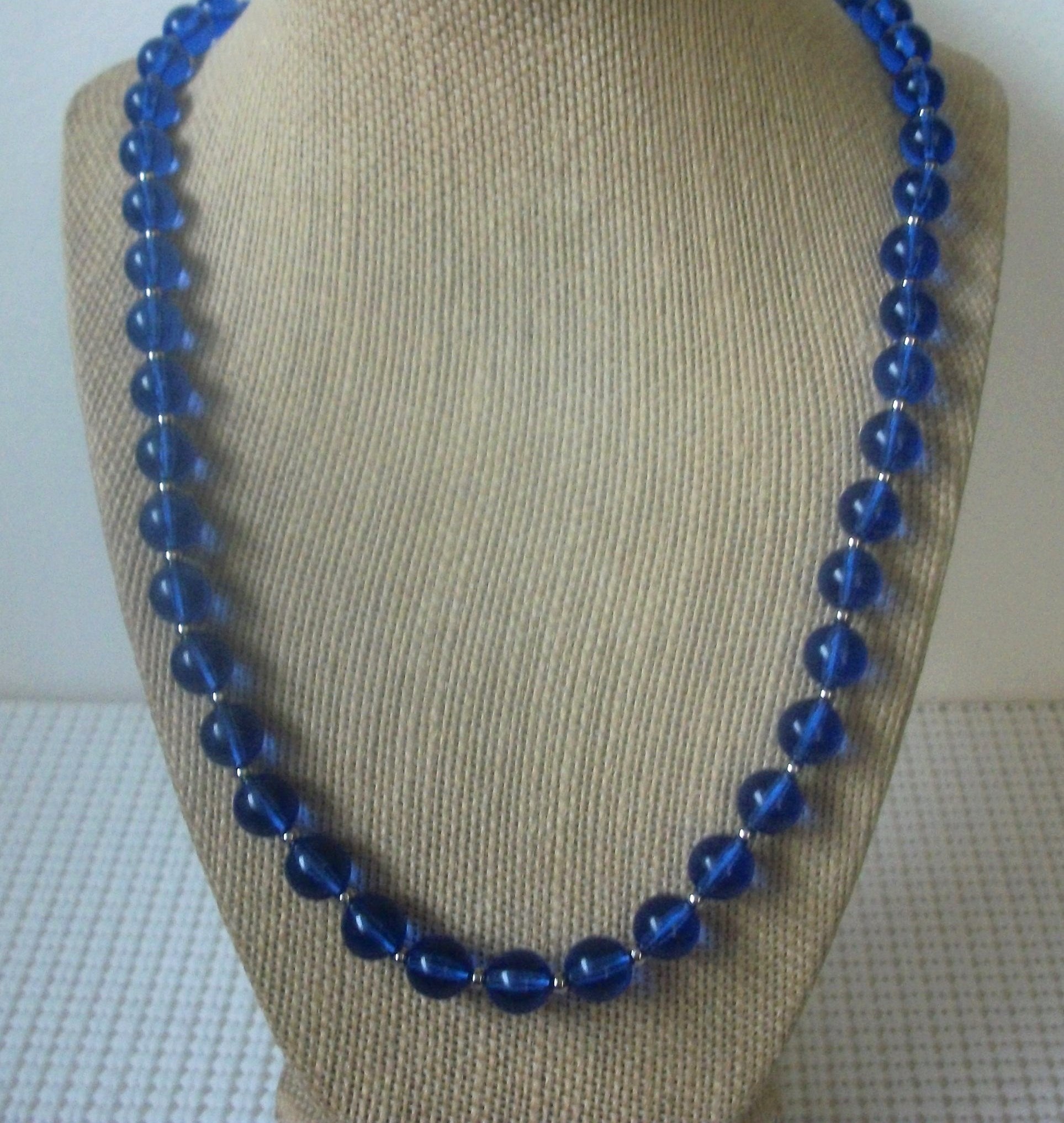 Vintage 30" Signed MONET Vivid Blue Lucite Beads Silver Tone Spacers 030421