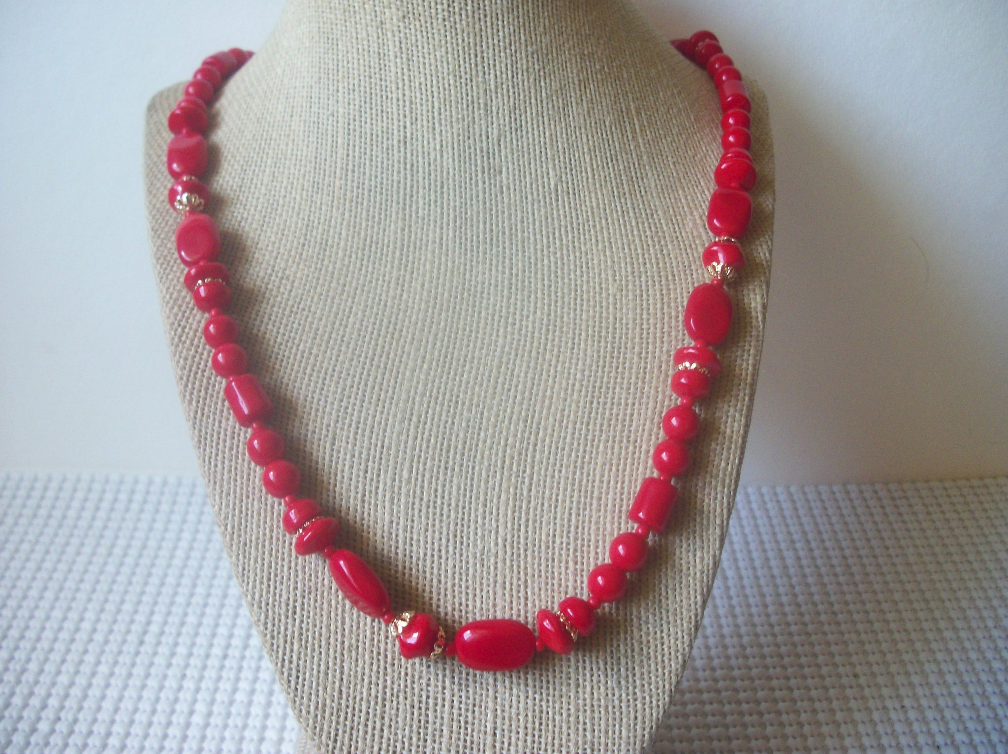 Vintage Necklace Red Czech Glass Gold Toned 24" Long 8916