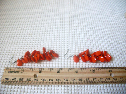 Long, Vintage Earrings, Orange Old Plastic, Silver Tone, Pierced Ears, 70217