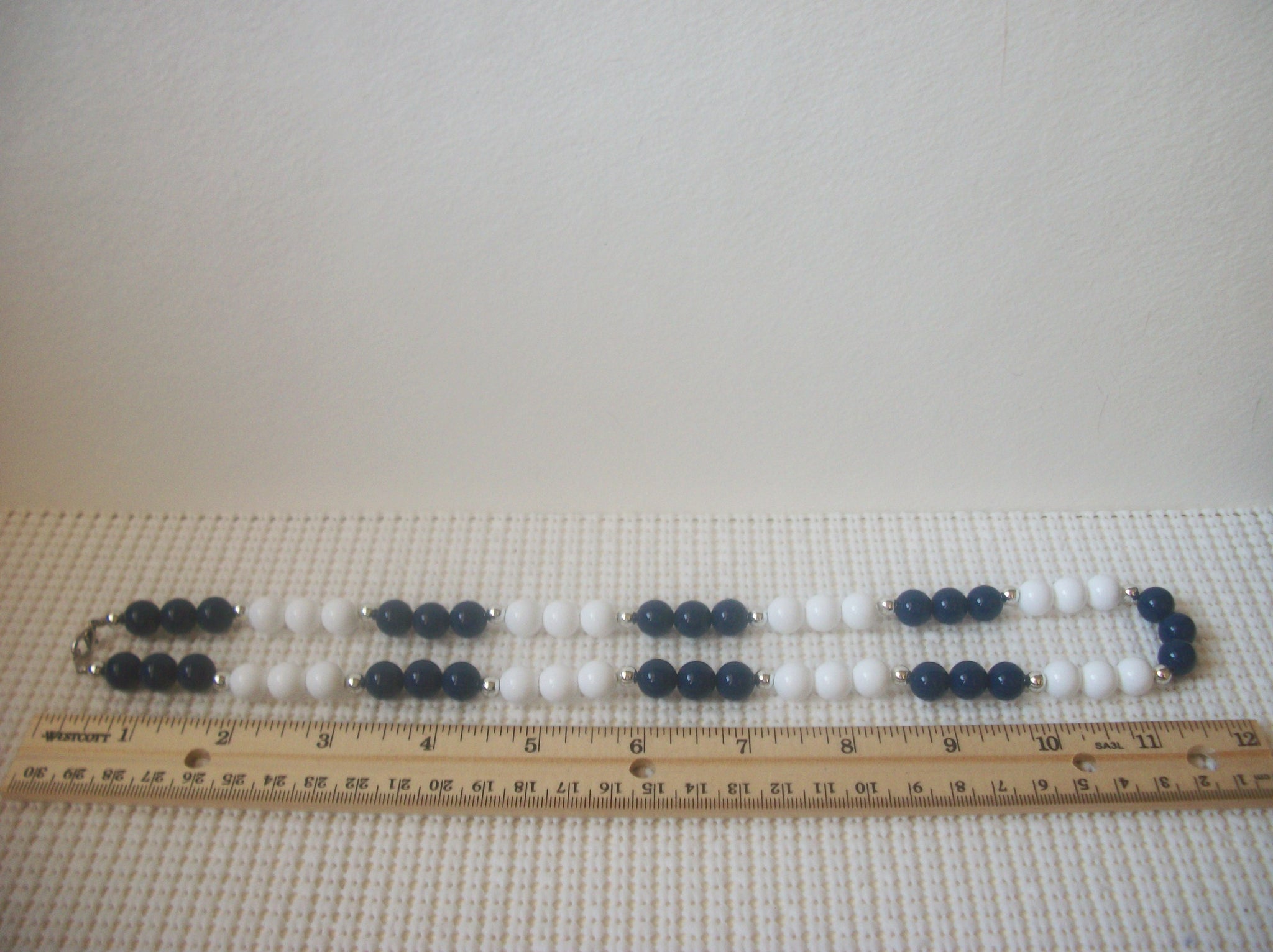 Retro 24" Necklace Pretty Dark Blue White Silver Acrylic Beads 030221