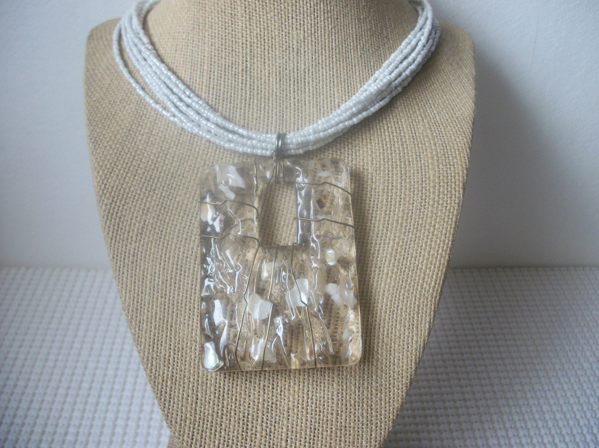 Chunky Retro 17" - 19" Necklace Wired 3" Pendant White Micro Beads Adjustable 73017