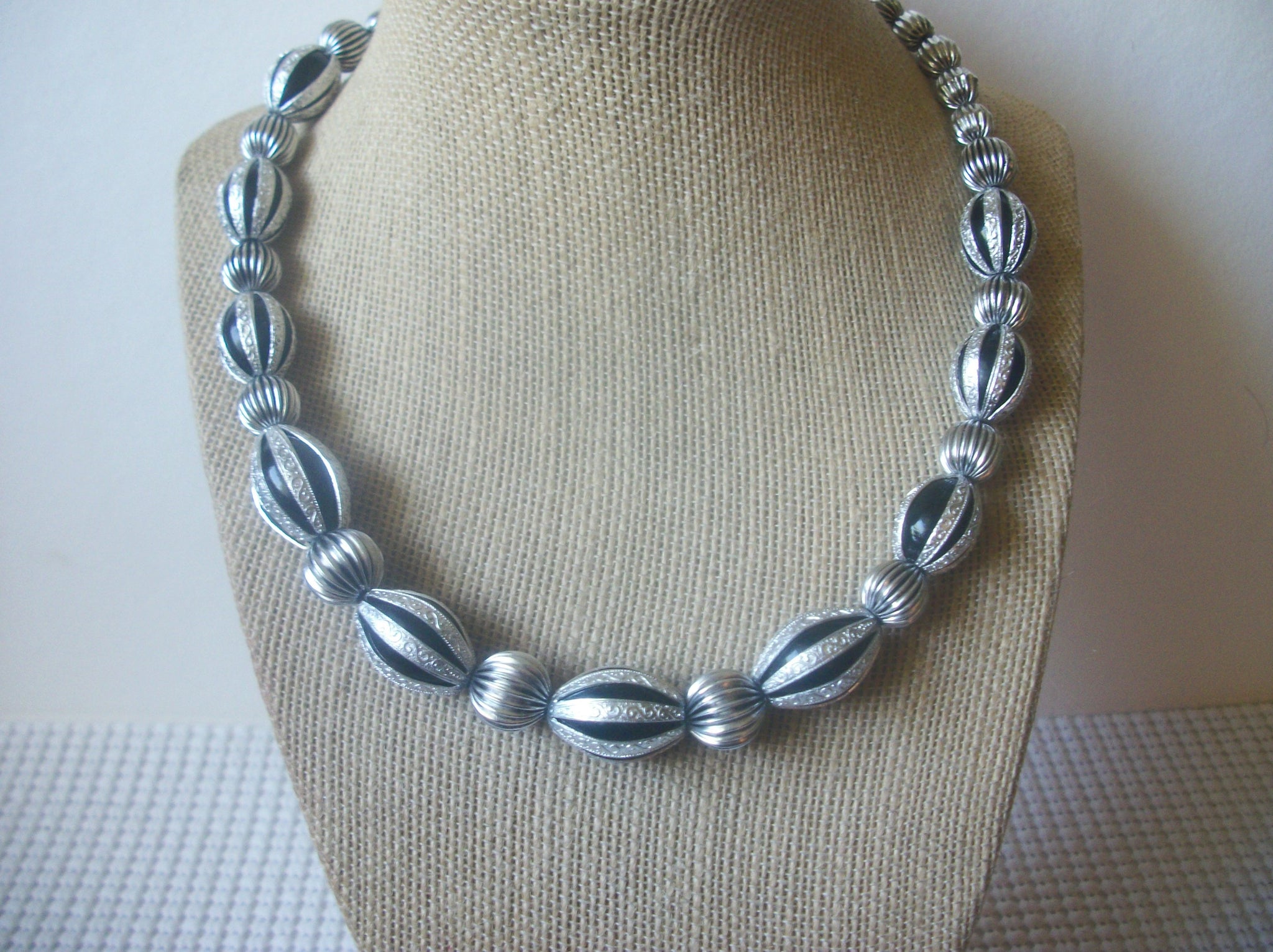 Vintage Necklace JAPAN Silver Black Enameled 18" - 21" Long 81116