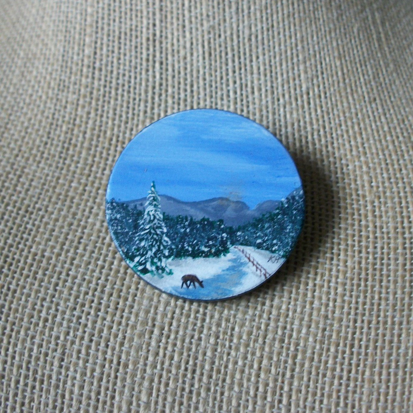 Signed Cathy Hinkley Vintage Brooch Pin, Winter Scene Deer Woodland Snow Hand Painted Wood 031121
