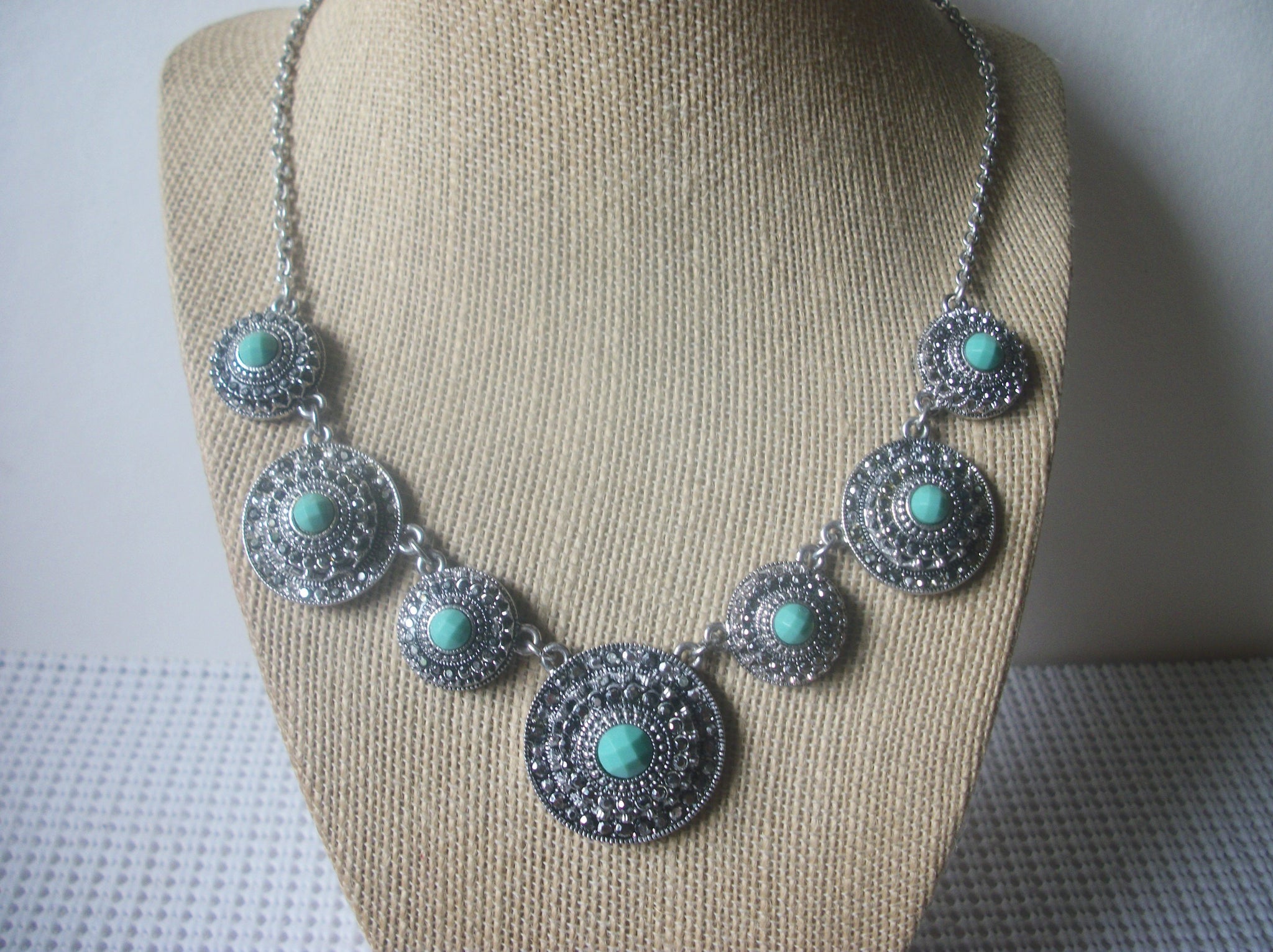 Signed TRIFARI Crown Vintage 18" - 20" Necklace, Silver Tone Blue Panel Design, Southwestern Theme, 123016