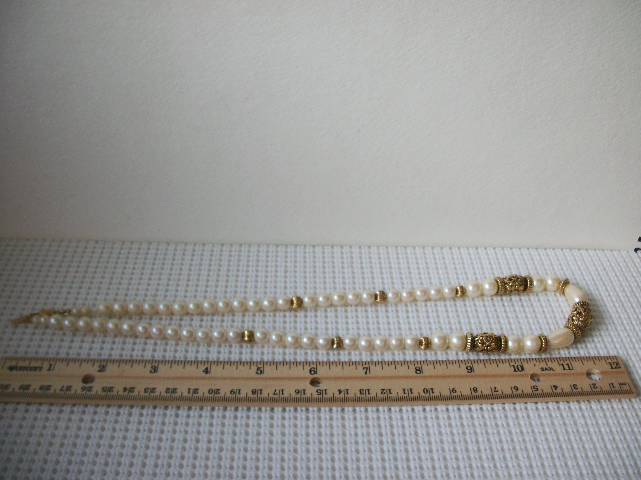 Signed 1928 Company  Glass Pearls Gold Tone Open Cut Metal Beads 24" Chain Necklace 030521