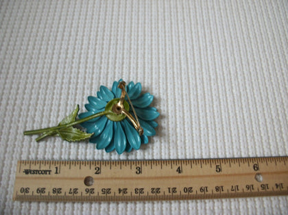 Romantic Larger Vintage Blue Flower Floral Green Long Stem Brooch Pin 030521