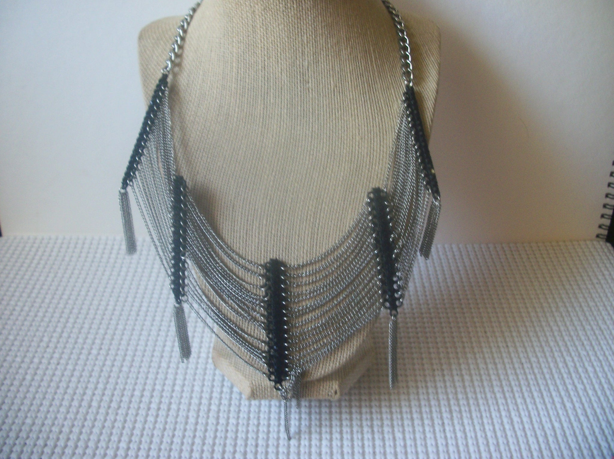 Vintage Necklace, Stamped Steve Madden, Fringe Silver Black 24" Long 81116