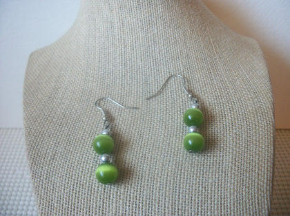 Retro Silver Tone Green Glass Dangle Earrings 022421