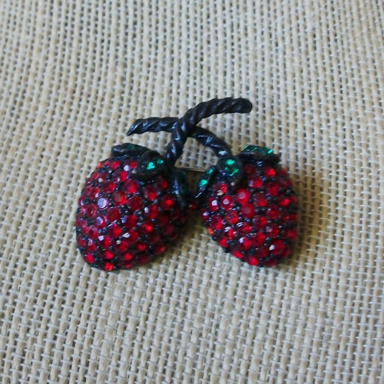 Vintage Brooch Pin, Signed WEISS Crystals Red Green Strawberries Black Metal 030621