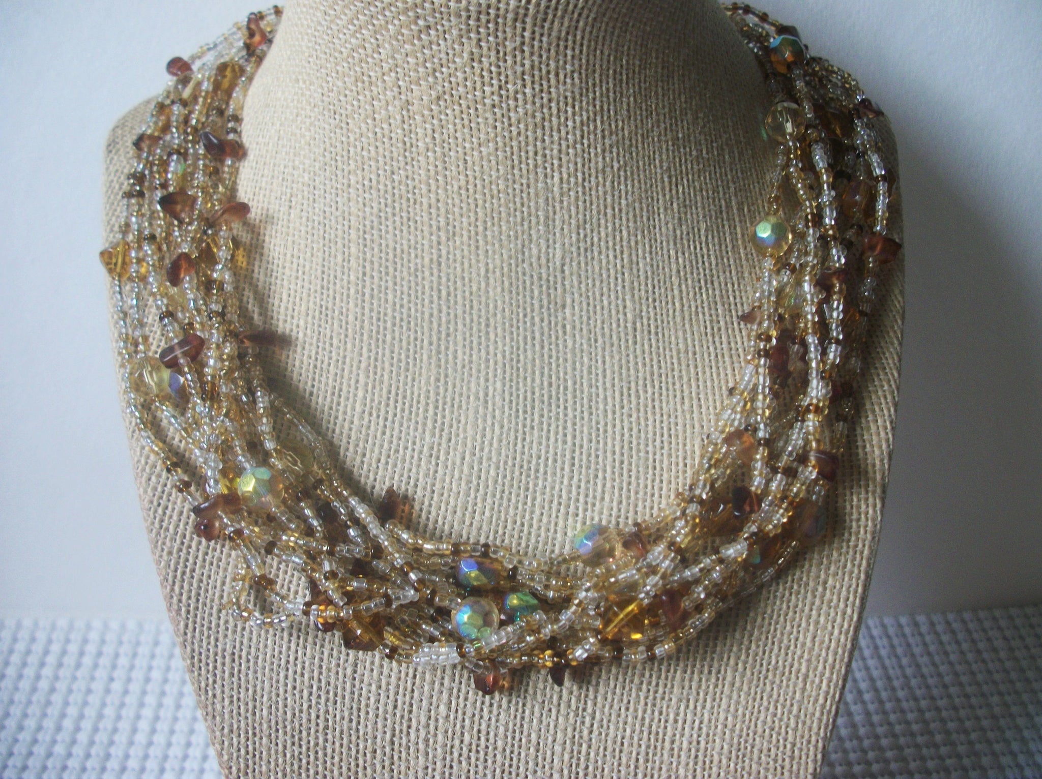 Chunky Necklace, Clear Golden Honey Glass, Aurora Borelias, Diva Princess, Multi Strand Eye 20" Long 82016