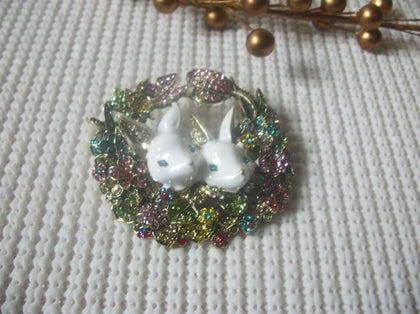 Larger Heavier Vintage Brooch Pin, Sweet Easter Bunnies, Colorful Rhinestones, Enameled Gold Tone 91916