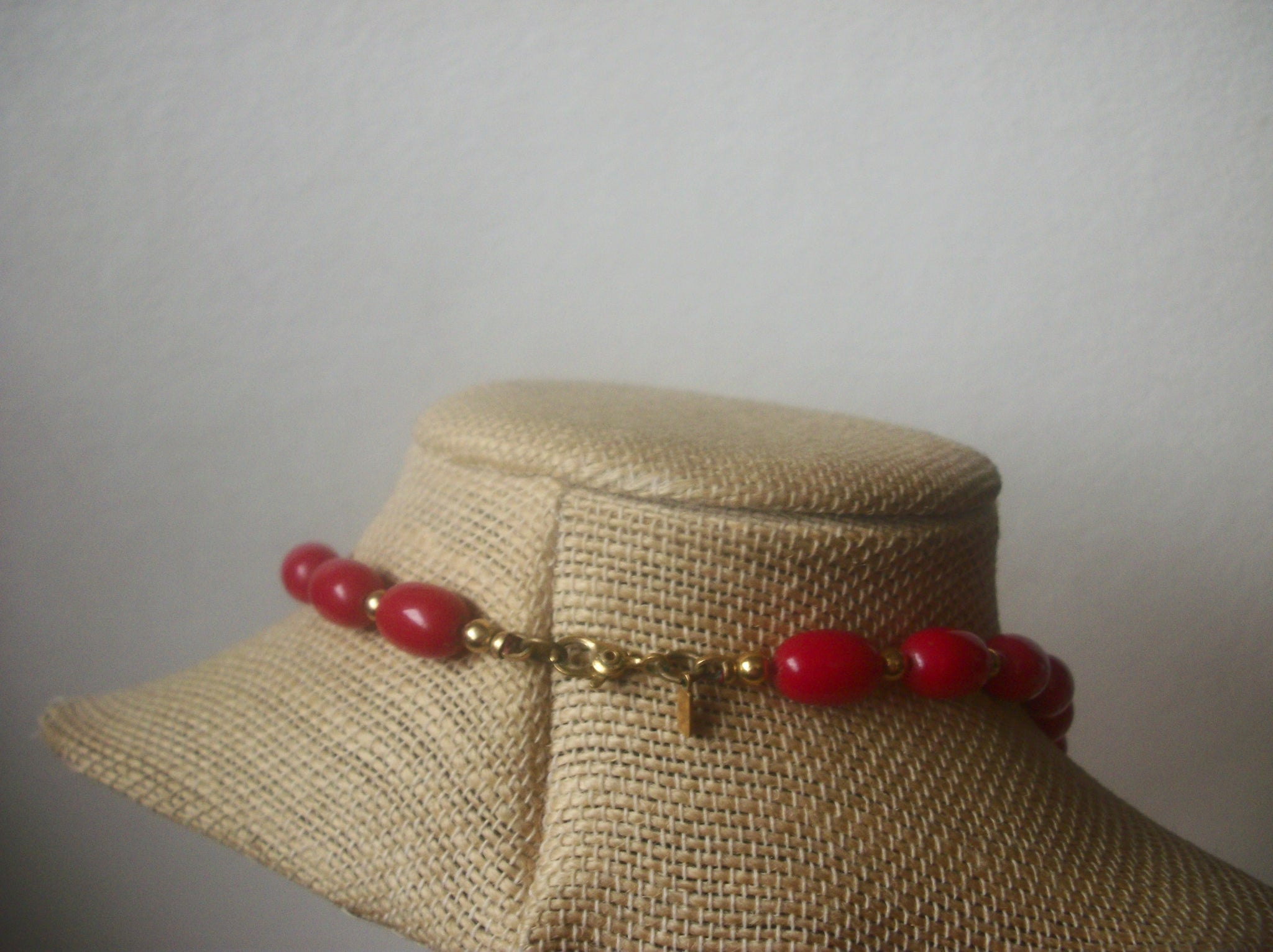 Vintage 30" Signed MONET Red Beaded Gold Tone Spacers Necklace 0304218'