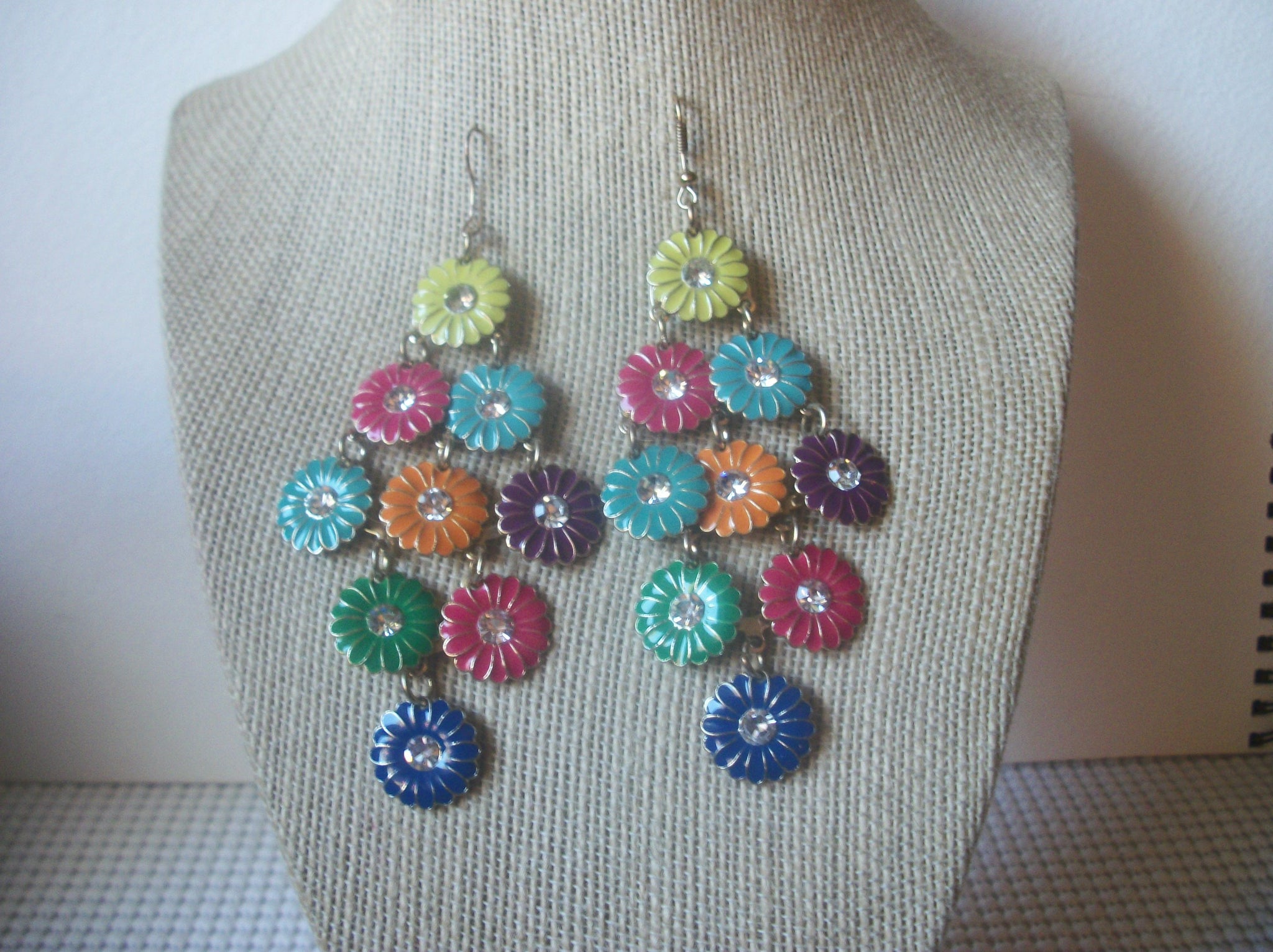 Long 4" Colorful Bohemian Flower, Clear Rhinestone Inlays, Gold Tone Pierced 41620