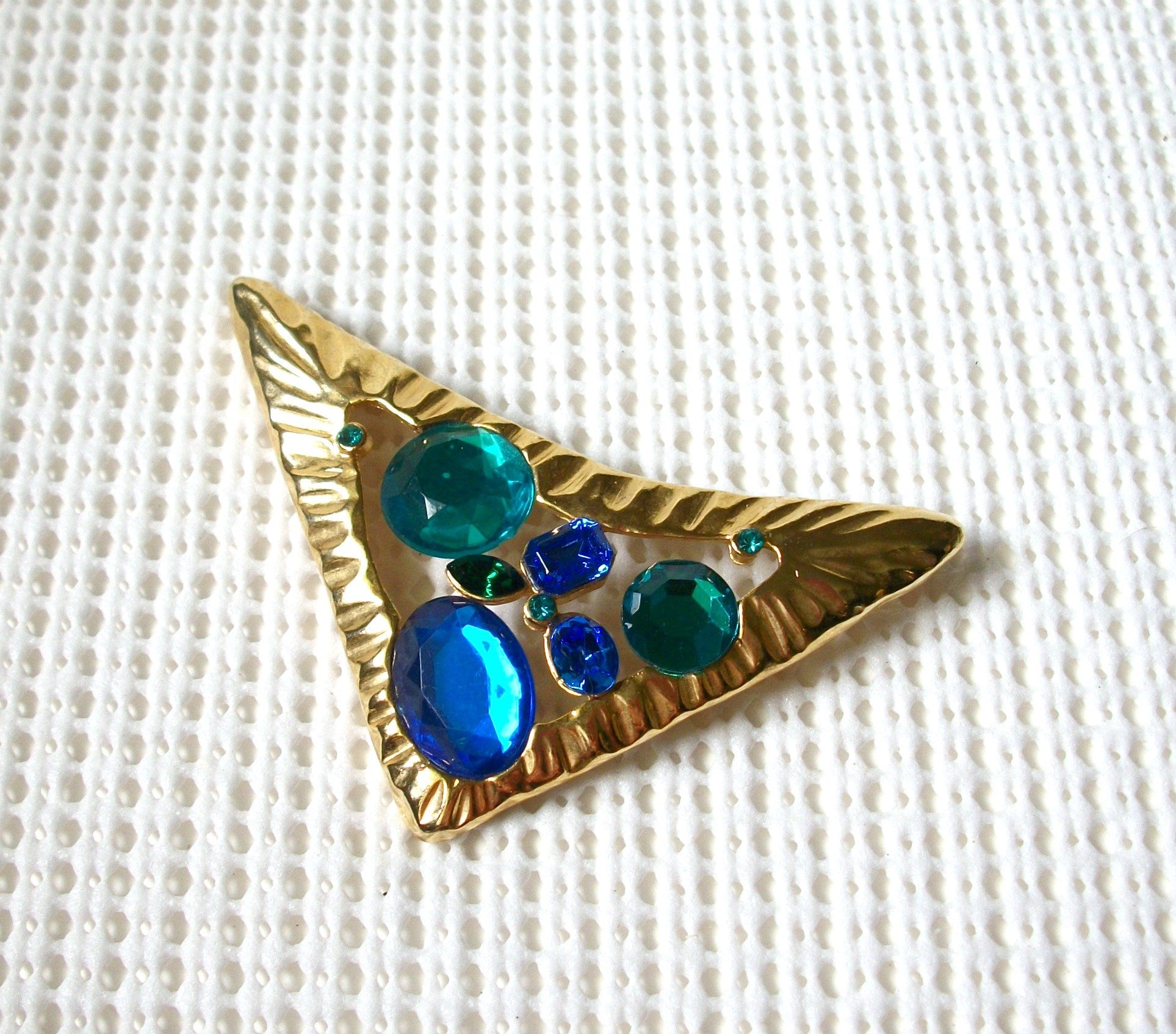 Larger Vintage Brooch Pin, Gold Tone Hammered Blue Green Acrylic Inlays Modernist 030621