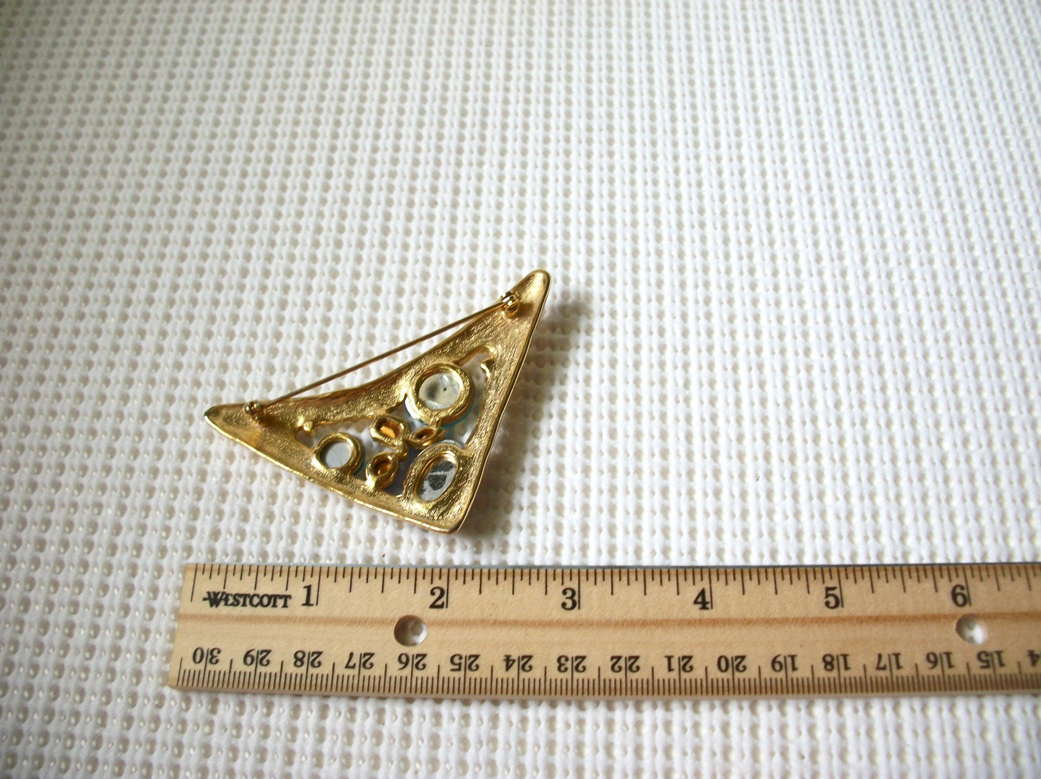 Larger Vintage Brooch Pin, Gold Tone Hammered Blue Green Acrylic Inlays Modernist 030621
