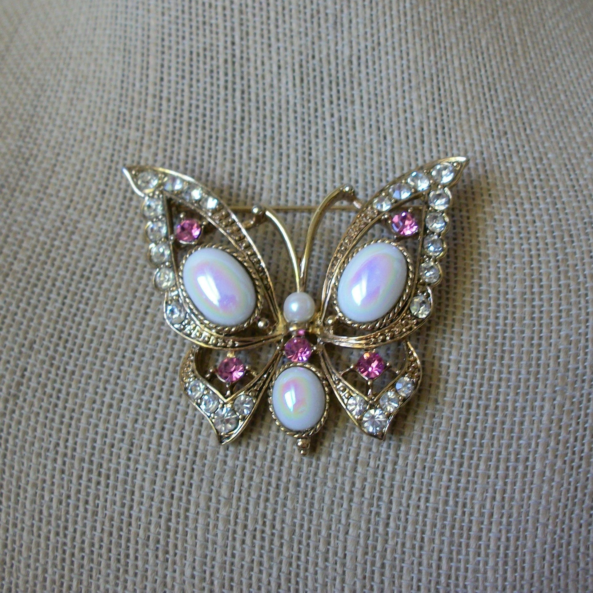 Larger Vintage Brooch Pin, Opalesque Glass Pink Clear Crystal Rhinestones Butterfly Gold Tone, 030621