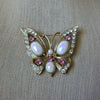 Larger Vintage Brooch Pin, Opalesque Glass Pink Clear Crystal Rhinestones Butterfly Gold Tone, 030621