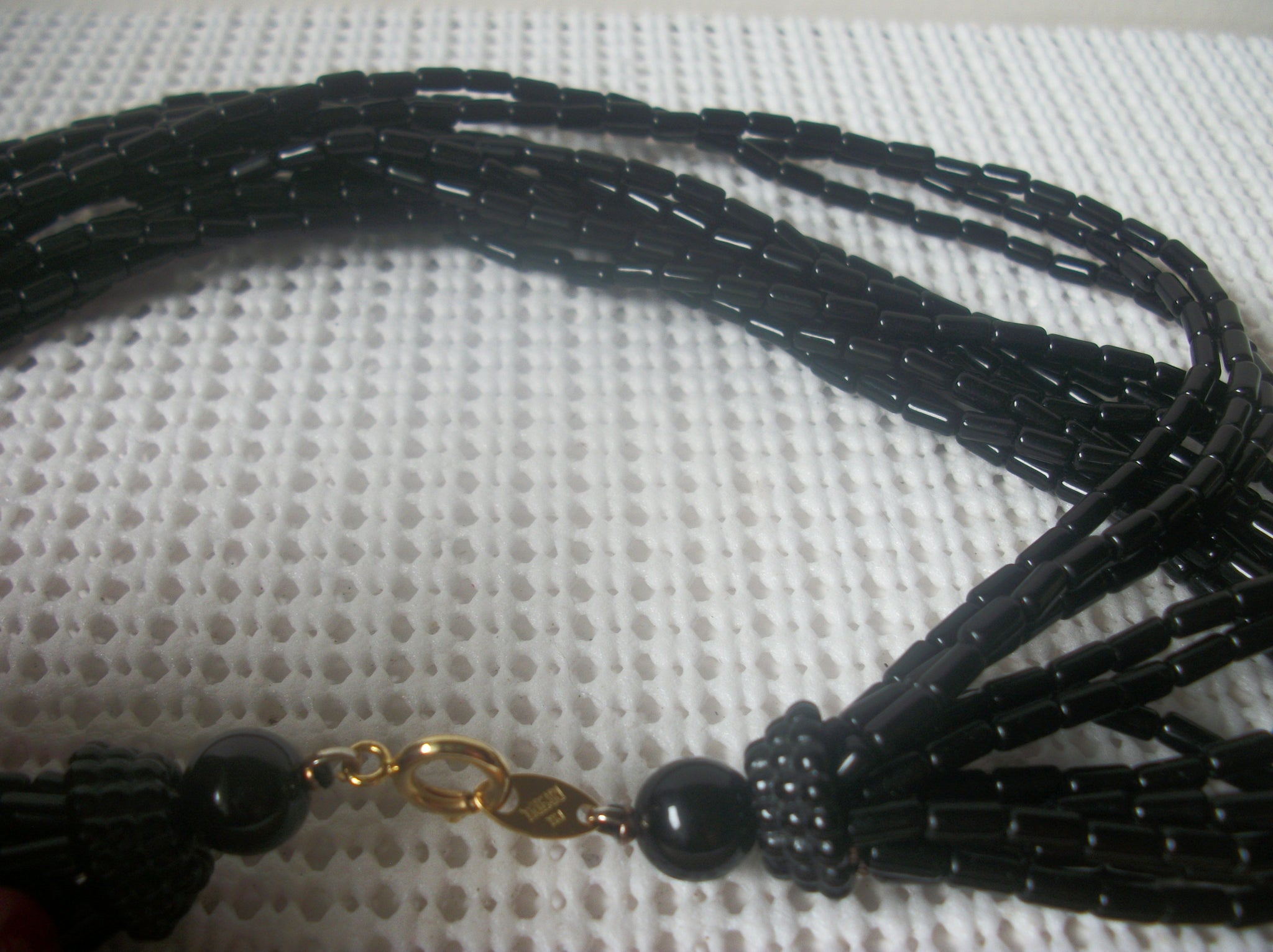 Signed TRIFARI TM Vintage 18" Necklace, Multi Strand Black Lucite Beads, 123016