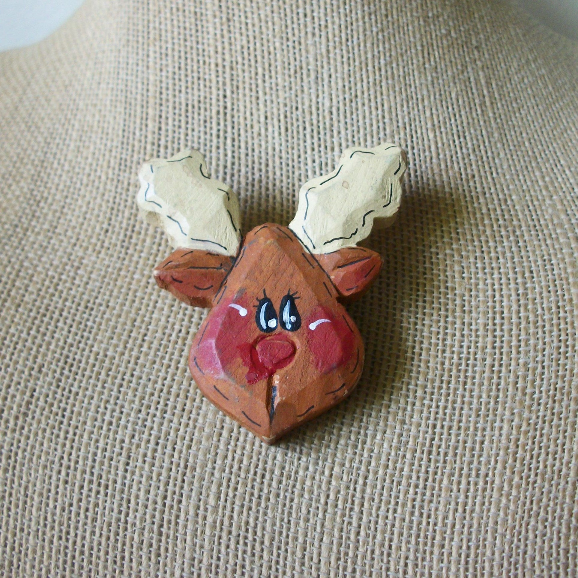 Vintage Thicker Hand Painted Reindeer Wood Brooch Pin 030621