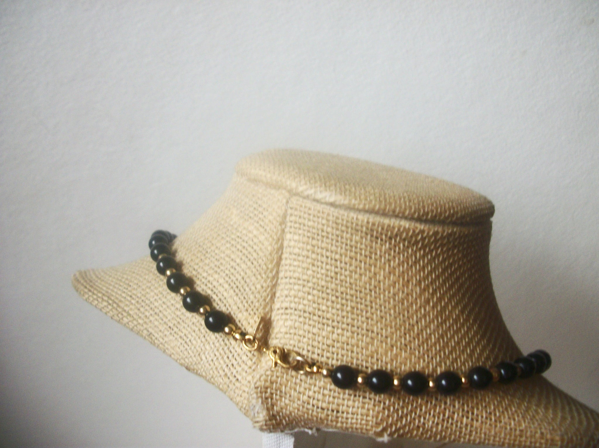 Vintage 18" Signed MONET Black Beaded Gold Tone Spacers Necklace 0304218