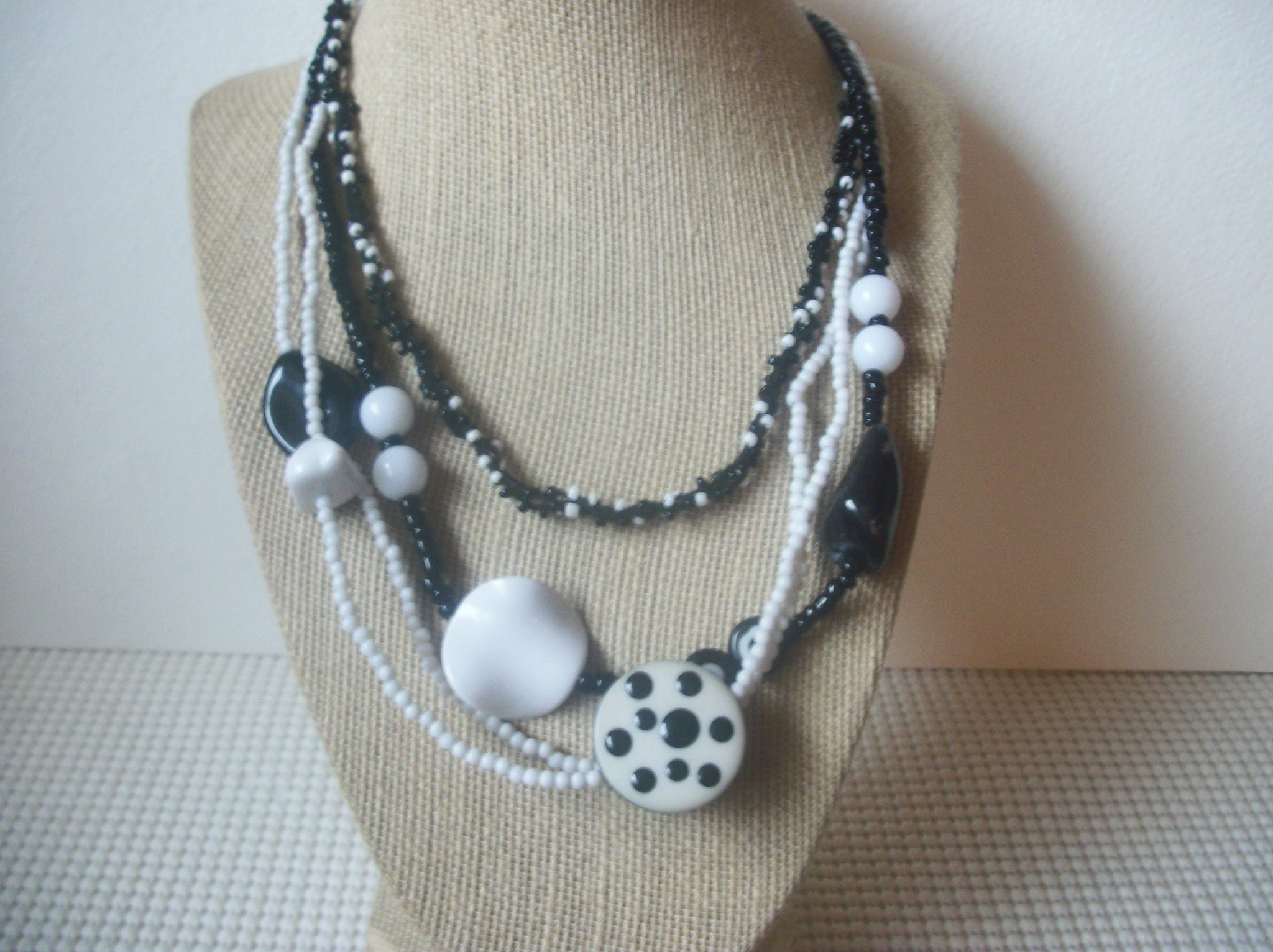 Black White Dots Multi Strand Acrylic 18" - 22" Long Retro Necklace 022221
