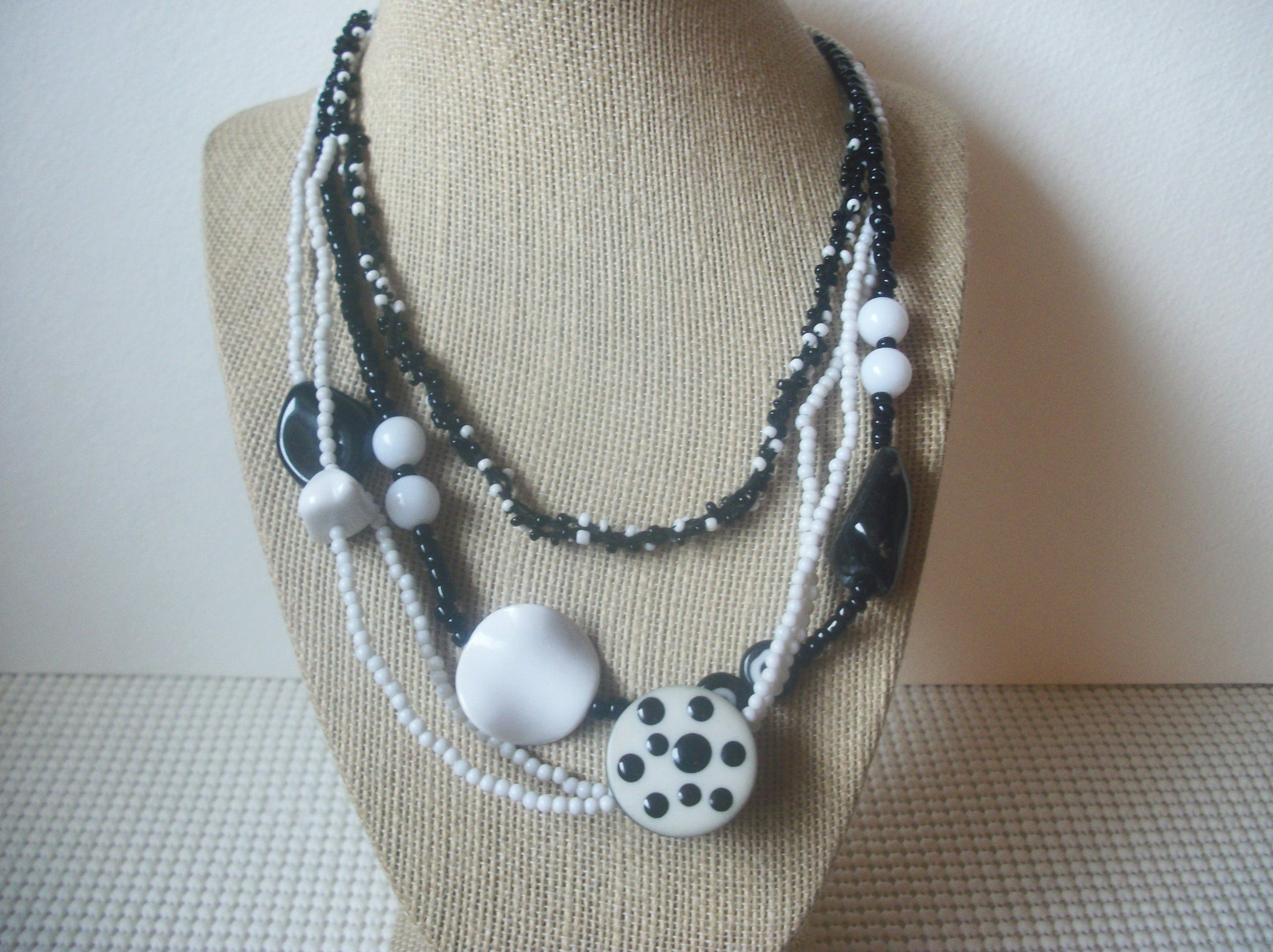 Black White Dots Multi Strand Acrylic 18" - 22" Long Retro Necklace 022221