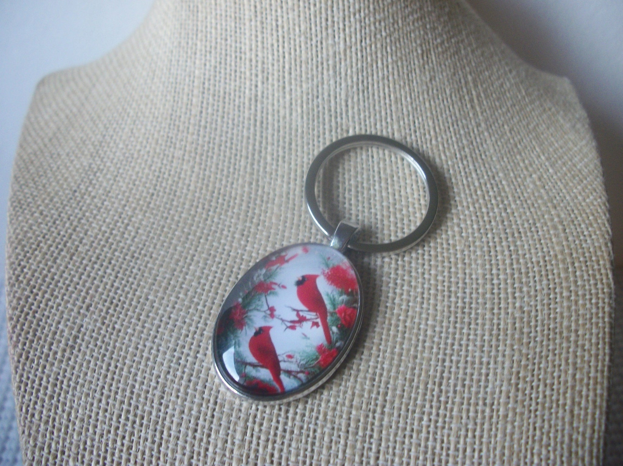 Two Cardinal Birds, Key Ring Silver Tone, 72116B
