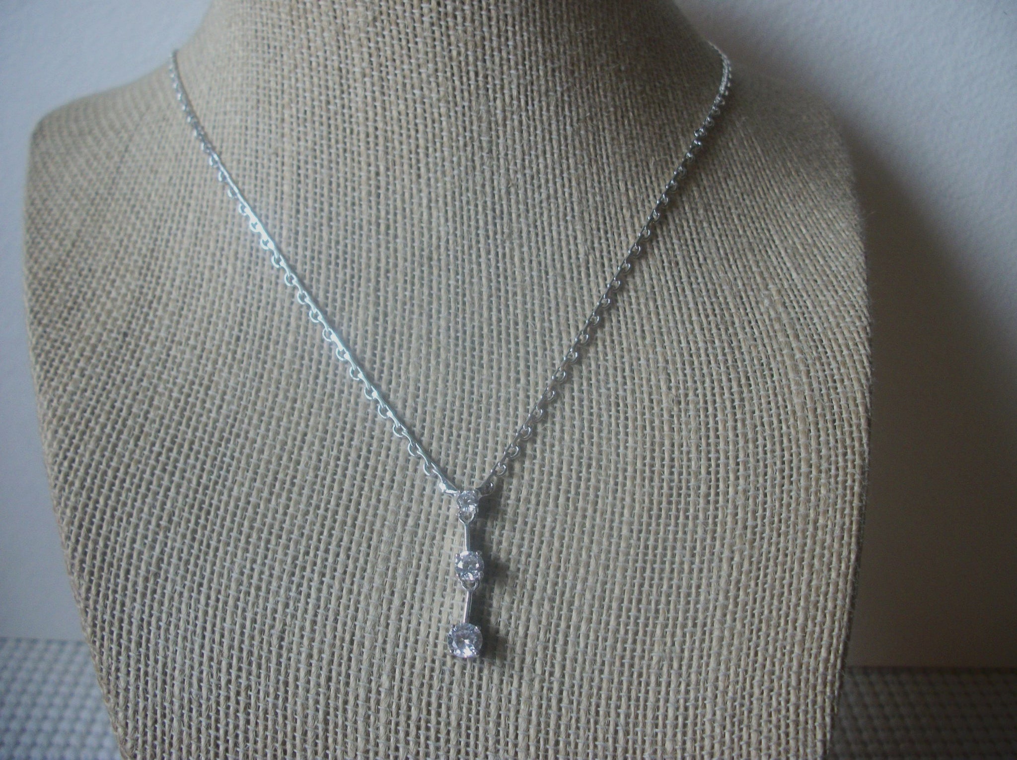 Clear Crystal, Three Rhinestone Pendant. Silver Tone Metal, 17" - 19" Long, Vintage Necklace 022121