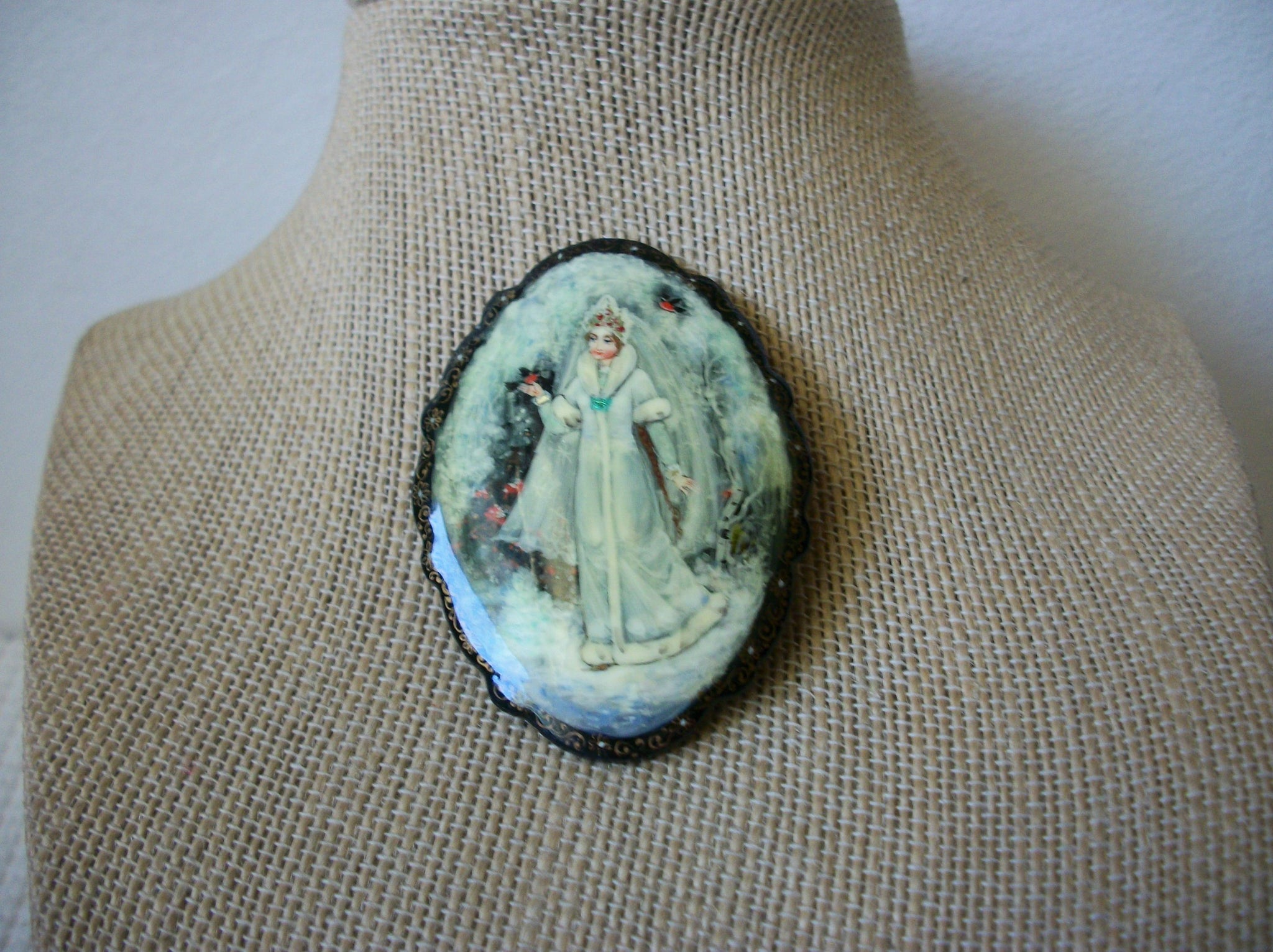 Vintage Brooch Pin, Snegurochka Snegurka Snow Maiden Hand Painted Wood 030521