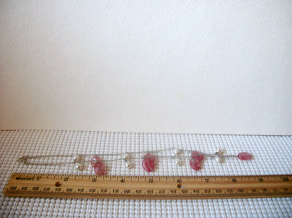White Glass Pearls, Pink Acrylic Silver Tone, Vintage Necklace 022121