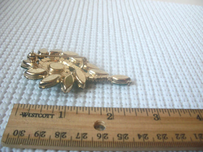 Larger Vintage Brooch Pin, Emerald Crystal Rhinestones Floral Elegant Gold Tone,  023021