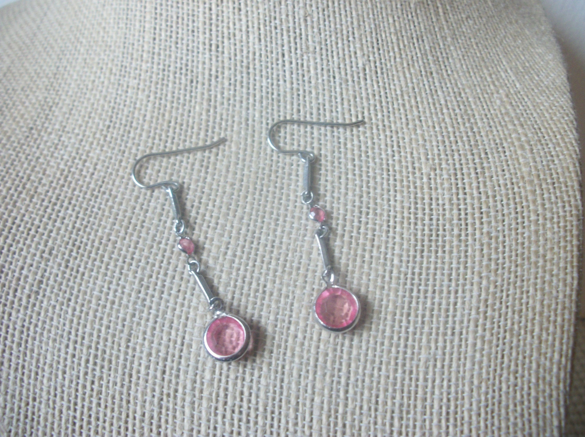 Retro Silver Tone Pink Glass Bezel Set Dangle Earrings 022421