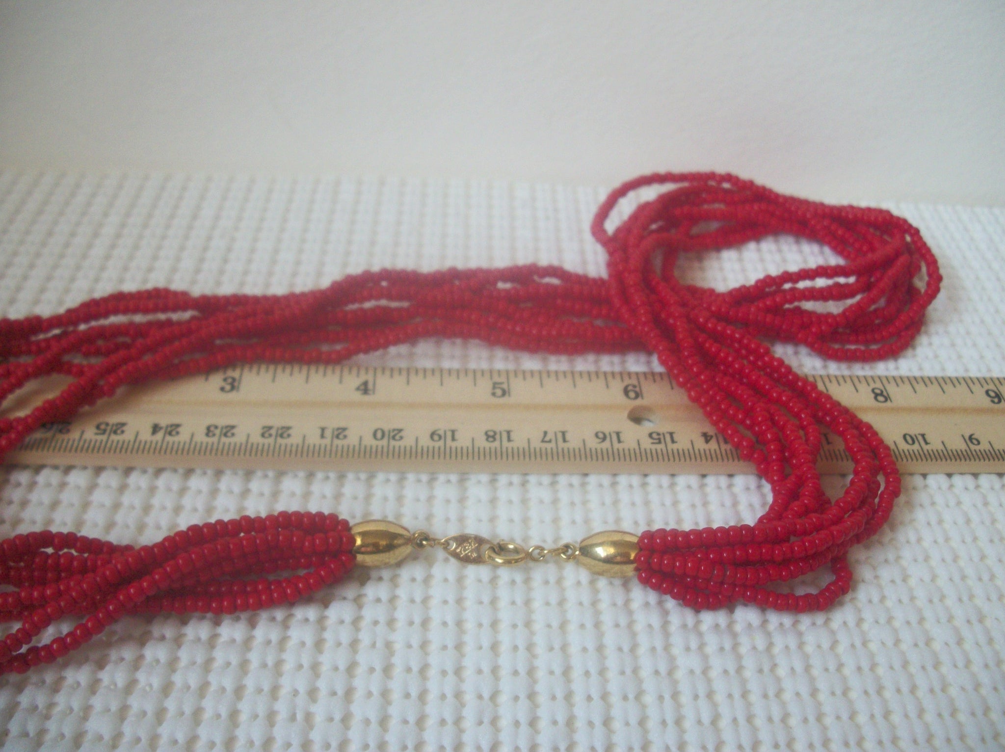 Stunning Vintage 22" Multi Strand Signed TRIFARI Red Glass Micro Beads Necklace 030221
