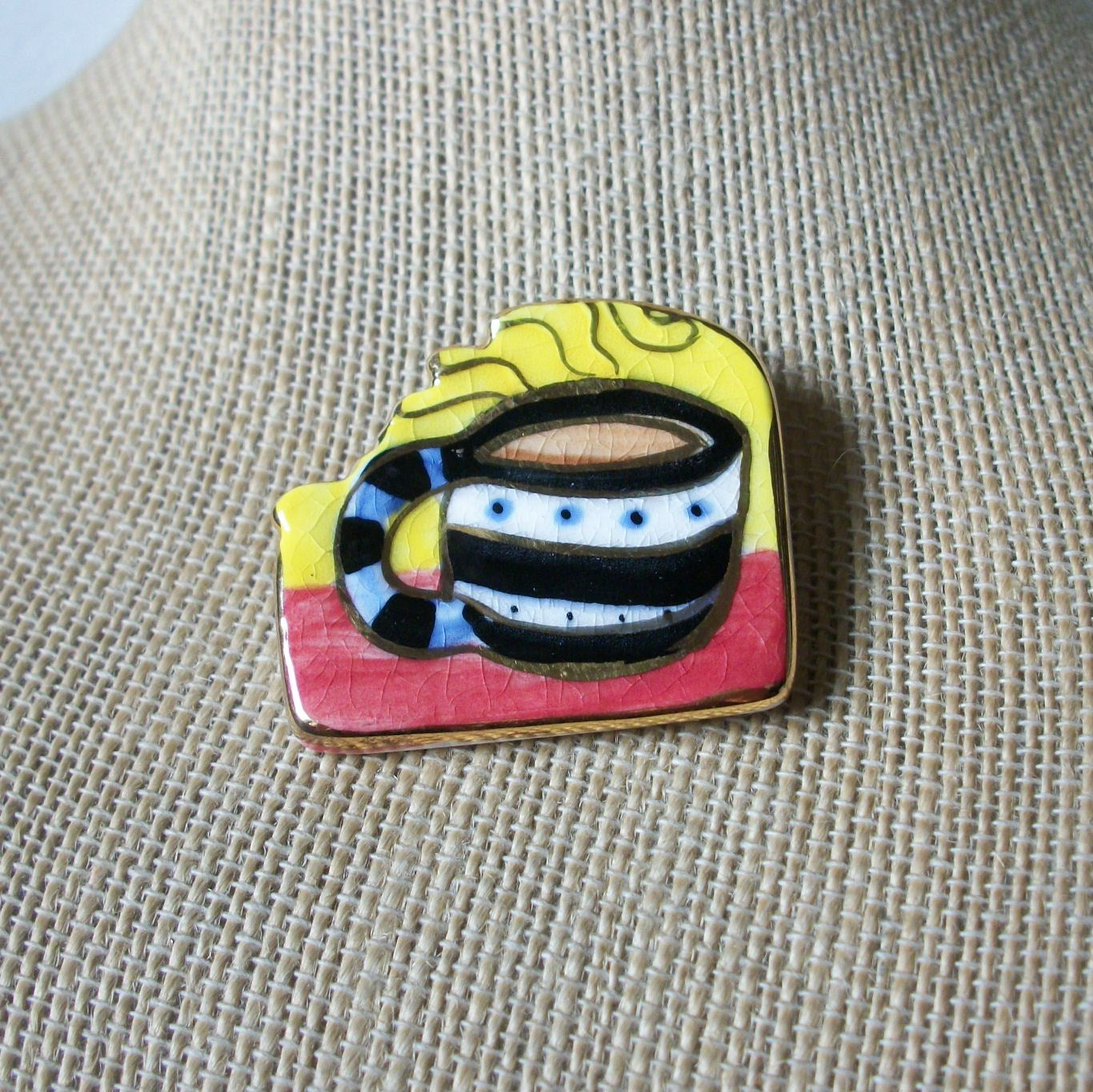 Vintage Brooch Pin, Ceramic Hand Painted Coffee Cup 031121