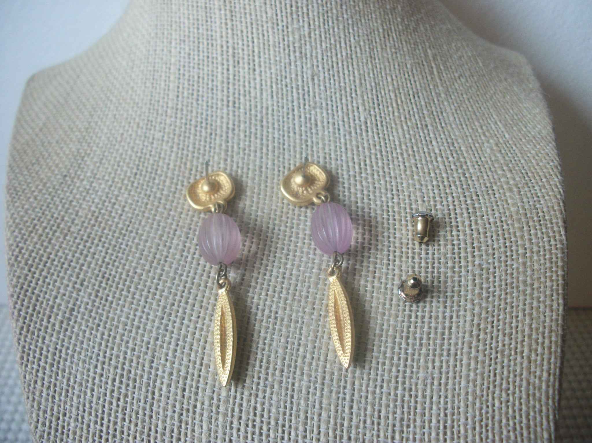 Long Retro Gold  Tone Pale Pink Sea Glass Dangle Earrings 022421