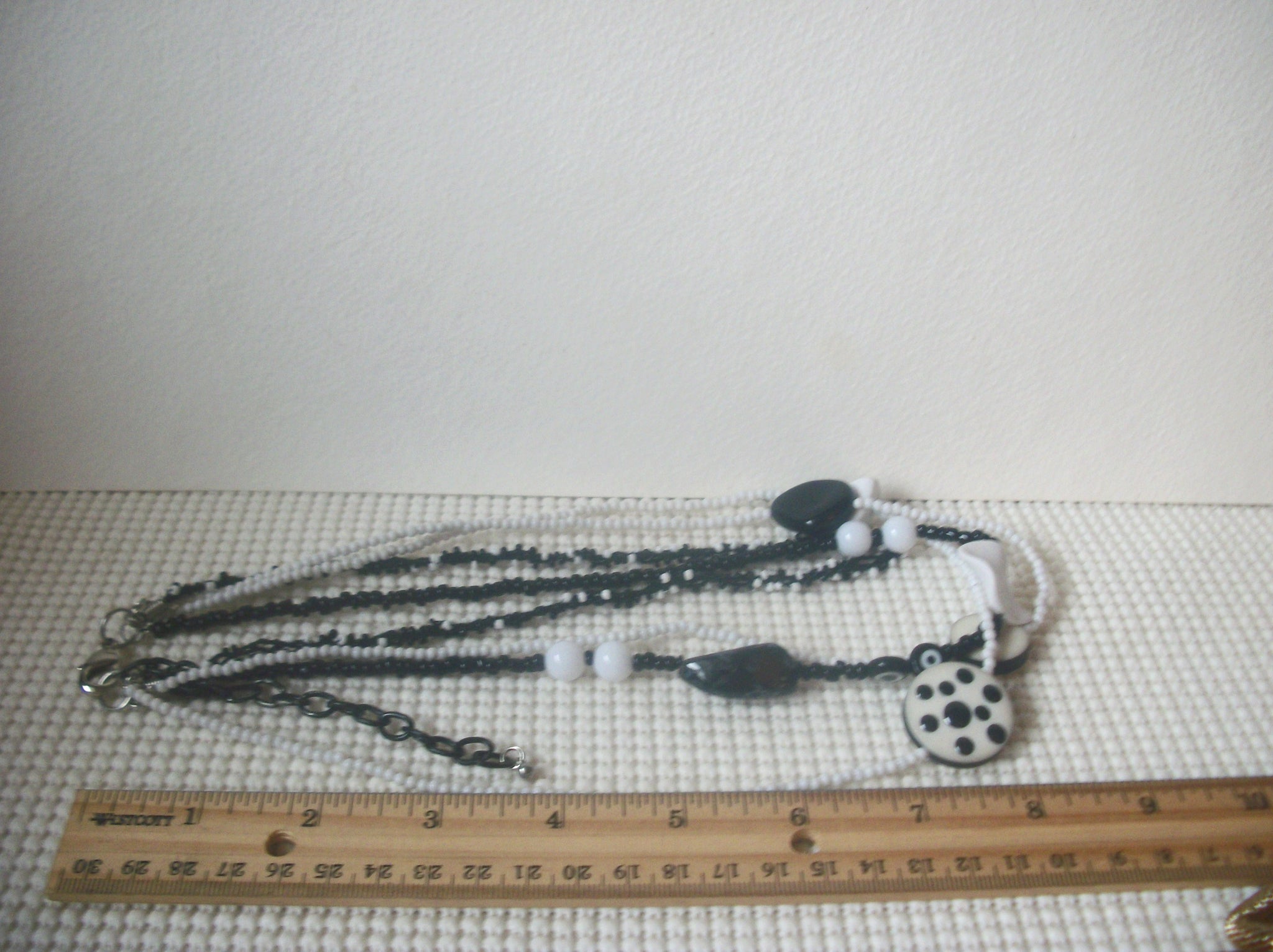Black White Dots Multi Strand Acrylic 18" - 22" Long Retro Necklace 022221