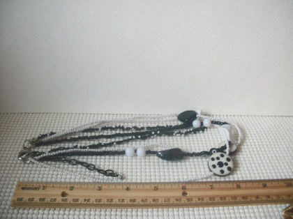 Black White Dots Multi Strand Acrylic 18" - 22" Long Retro Necklace 022221