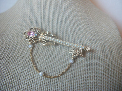 Victorian Inspired, Gold Tone, Key Pink Clear Rhinestones, White Faux Pearls, Vintage Brooch Pin 63017