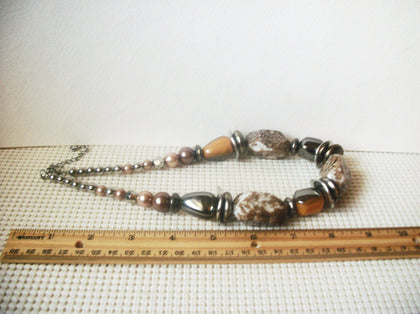 Retro Chunky Earthy Neutral Tones, Silver Tone Vintage Necklace 022221