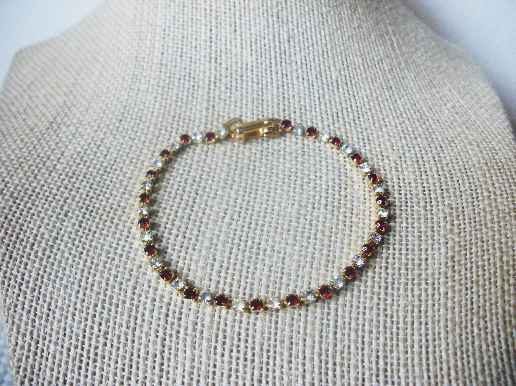 Red Ruby Clear Crystals, 7" Long Gold Tone Tennis Bracelet, Vintage 022121