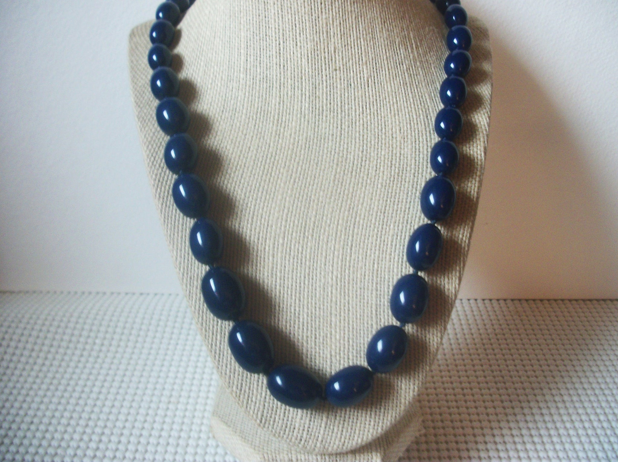Vintage Jewelry, Signed TRIFARI, 30" Long, Dark Blue Acrylic Beads, Graduated Design, 32517