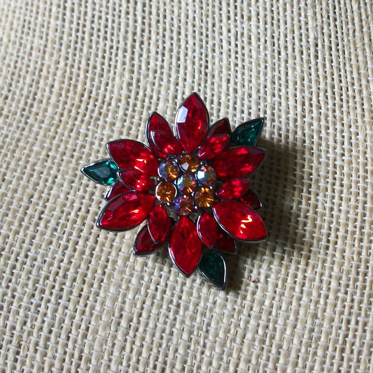 Vintage Brooch Pin Stamped Austrian Crystals Poinsettia Flower Silver Tone, 030521