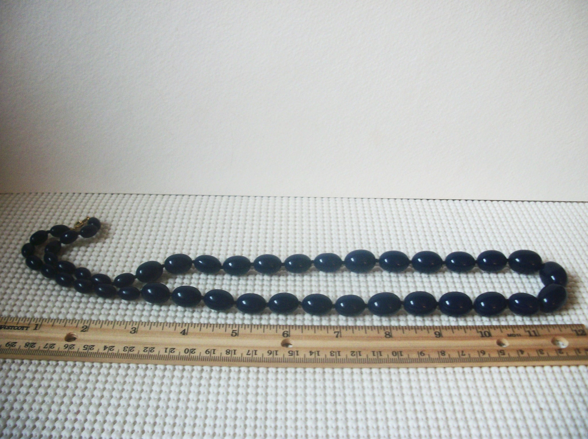 Vintage Jewelry, Signed TRIFARI, 30" Long, Dark Blue Acrylic Beads, Graduated Design, 32517