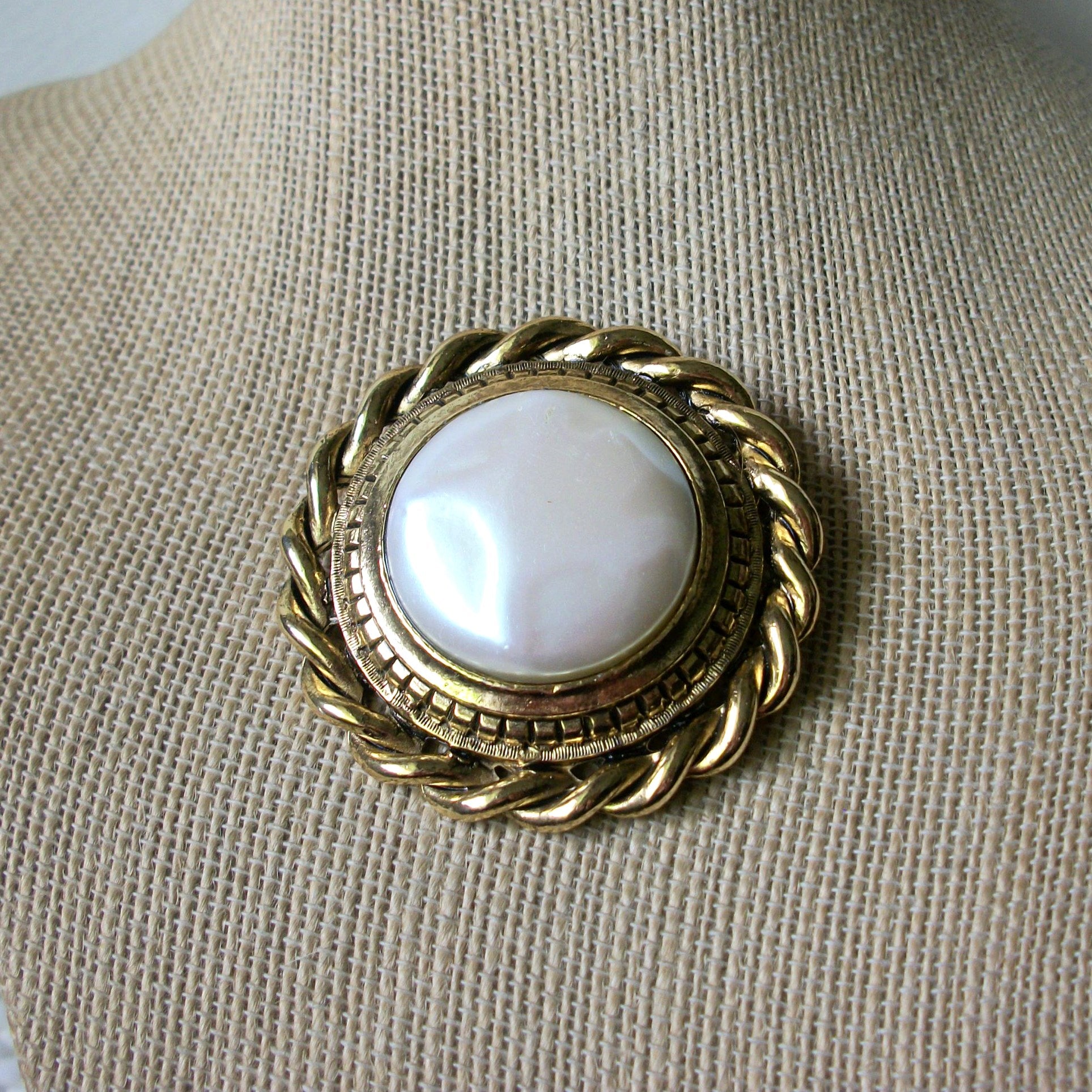 Larger Vintage Brooch Pin, Signed GJD Ginnie Johansen Faux Pearl Antiqued Gold Tone, 030621