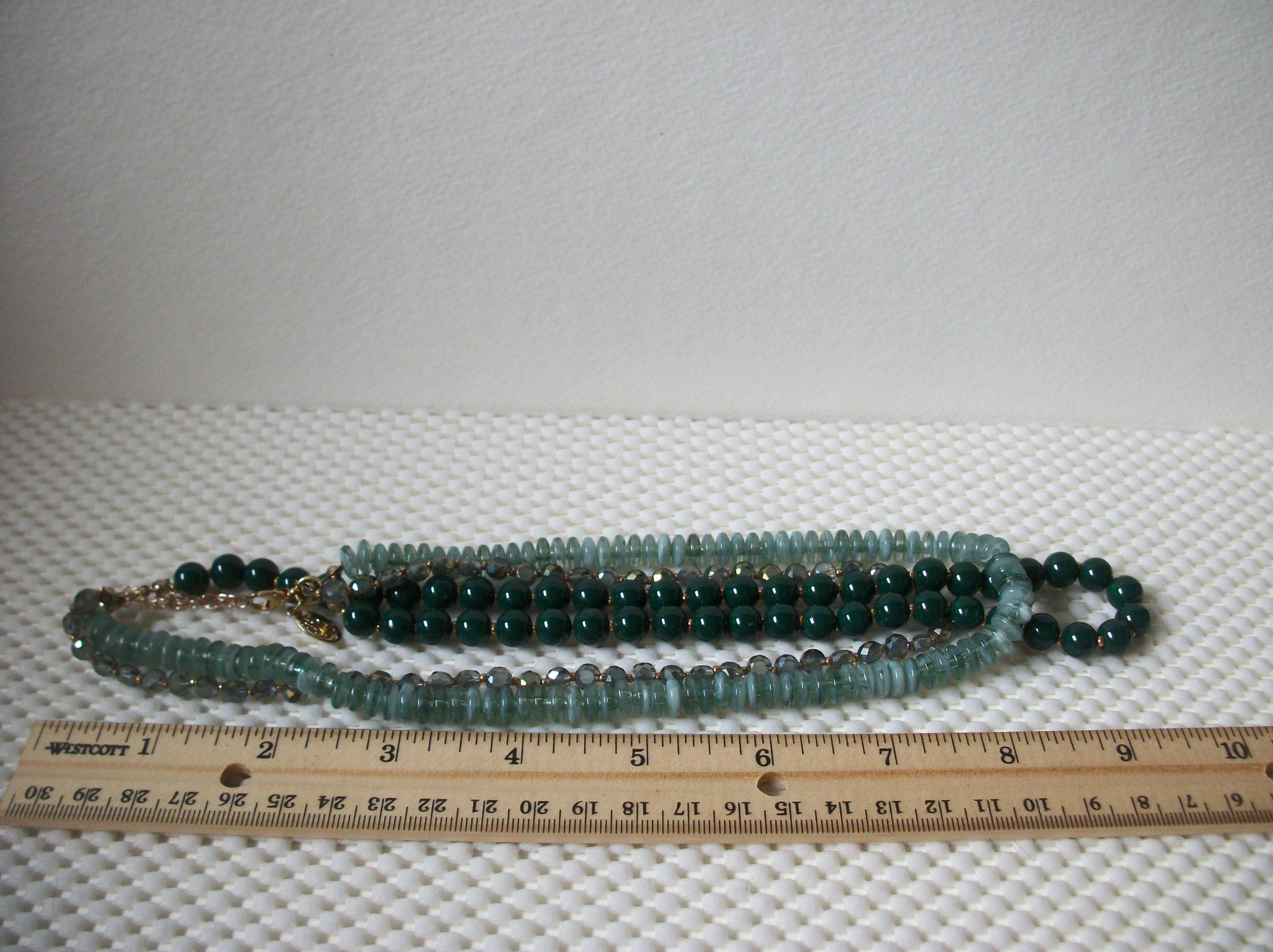 Vintage 18" - 20" Signed LOFT Green Glass Triple Row Adjustable Necklace 030621