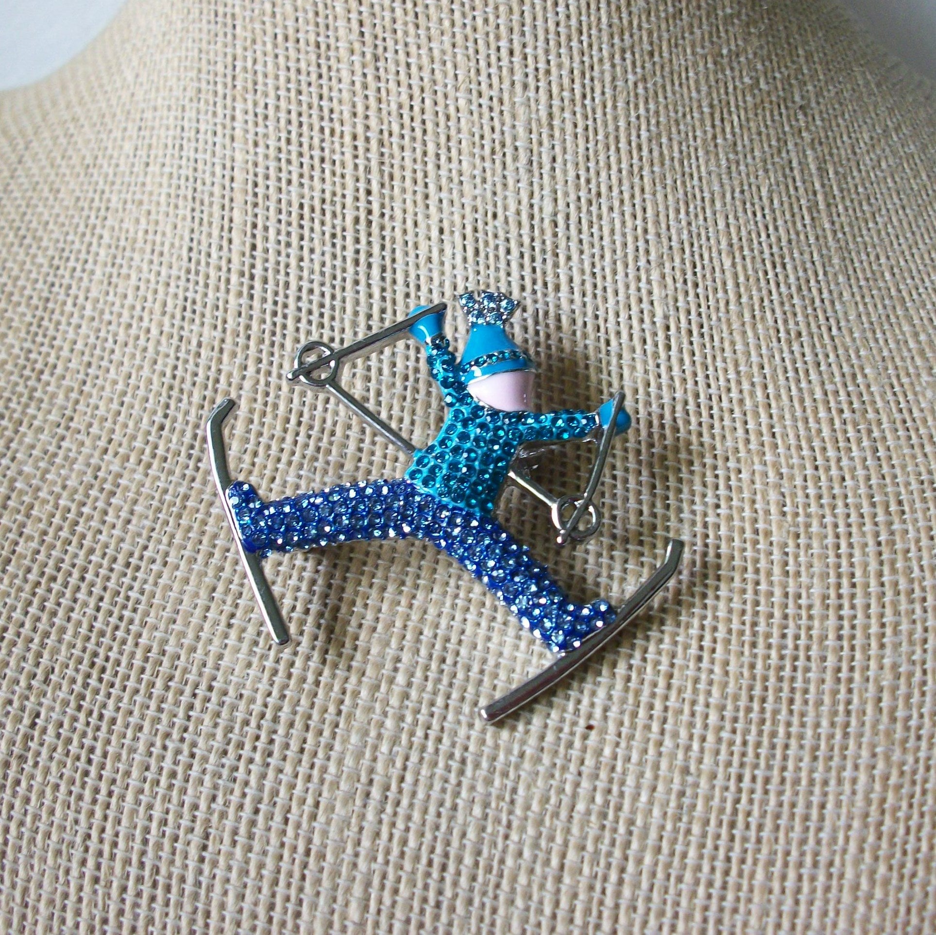 Vintage Brooch Pin, Signed TALBOTS Blue Rhinestones, Skier Silver Tone, 030621