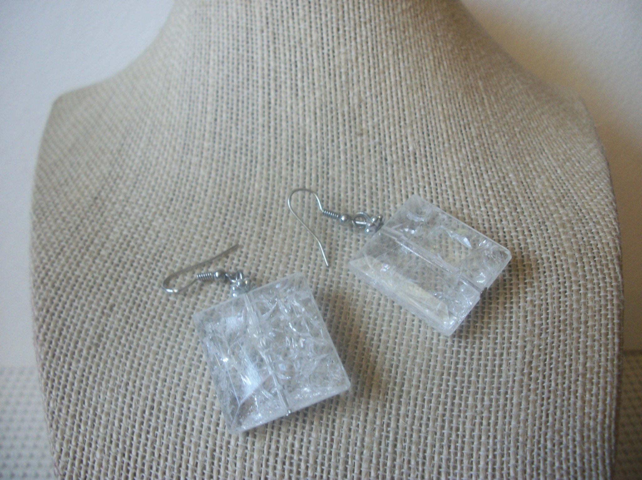 Vintage Earrings, Crackle Clear, Acrylic, Silver Tone, Pierced, 022021