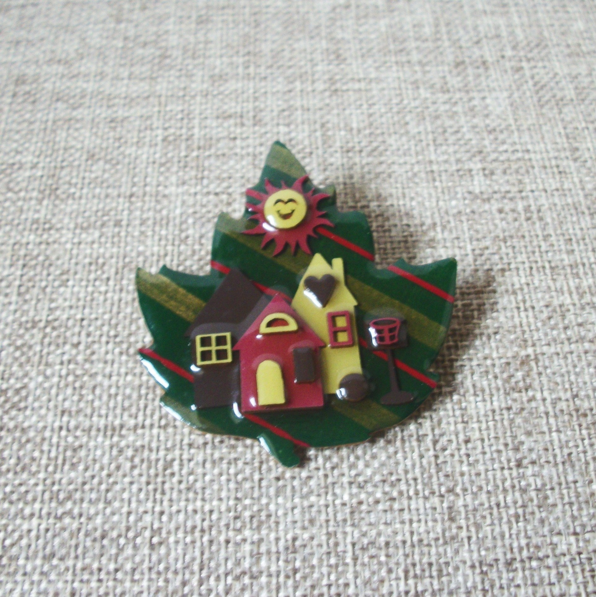 Lucinda House Pins, Autumn Fall Leaf Maple Tree House Happy Sun Green Striped 021321